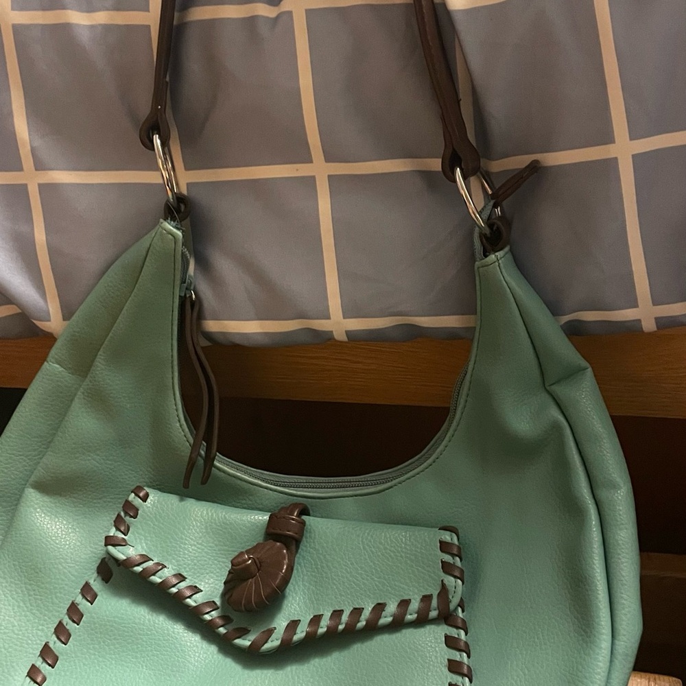 Elegant Mint Green Shoulder Bag with Brown Details